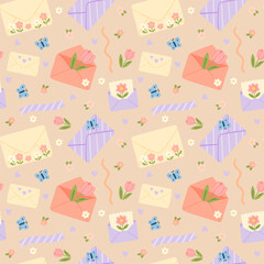 Seamless pastel vector pattern with cute envelopes, flowers, hearts and butterflies. Romantic spring design for stationery, wedding invites, greeting cards, wrapping paper and textiles