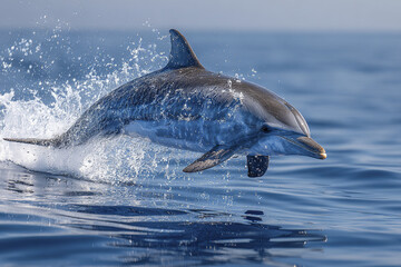 Fototapeta premium Dolphin leaping out of calm ocean water with splashes, showing dynamic marine wildlife action in natural blue sea environment under clear sky