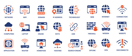 Obraz premium Internet icon set. Containing website, link, data, web, online, domain, technology, modem, VPN, hosting, connection and more. Solid vector icons collection. 