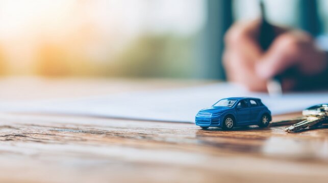 Small blue toy car sits on table next to keys and hand writing on paper