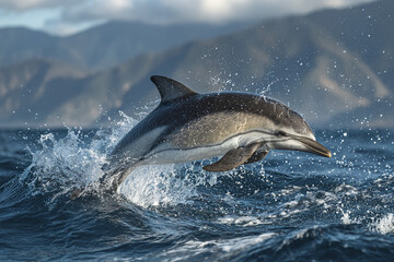 Fototapeta premium Dolphin leaping out of ocean water with splash and mountain background, marine wildlife action shot capturing dynamic movement and natural beauty in coastal environment