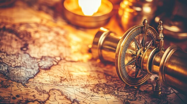 A gleaming antique brass astrolabe rests on a worn leather map suggesting historical navigation and exploration