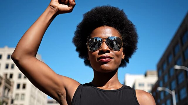 A woman with her fist raised in a city setting with buildings and a blue sky