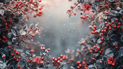 Frosted seasonal flowers and red berries create a chaotic winter scene, evoking coldness and seasonal change amidst disarray.