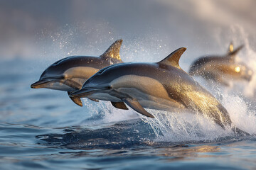 Obraz premium Dolphin jumping out of ocean water with splashes and sunlight reflecting on their smooth skin, showing marine wildlife in dynamic motion and natural beauty