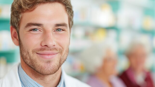Smiling male pharmacist assisting customers in a modern pharmacy setting - Powered by Adobe