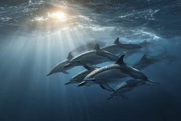 Naklejka premium Dolphin pod swimming underwater in ocean with sunlight rays penetrating water, showing marine wildlife in natural habitat with calm and peaceful atmosphere