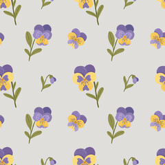 Pansies and violet flowers seamless pattern, spring floral background, garden blossoms, hand drawn vector illustration