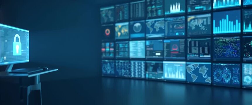 Cybersecurity control room with animated data screens flickering, camera slowly panning across digital displays, emphasizing secure network monitoring in a cinematic, high-tech setting.
