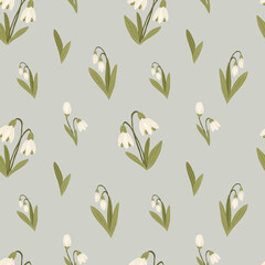 Snowdrops spring flowers seamless pattern, galanthus floral background, forest blossoms, hand drawn vector illustration