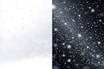 Snow falling flakes on white and black background