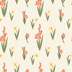 Daffodils and pink lilies seamless pattern, narcissus spring flowers background, hand drawn vector illustration