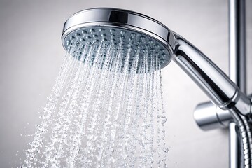 Shower head with water flowing from it in bathroom