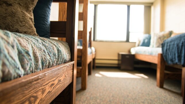 College dorm room with wooden beds and bright window view in daylight