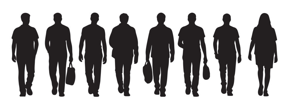 eight black silhouettes of people walking carrying bags some