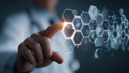 Close-up of a doctor interacting with a 3D hexagonal structure, concept of medical tech