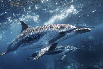 Fototapeta premium Dolphin swimming underwater in ocean with sunlight reflecting on its body, marine wildlife photography capturing peaceful and graceful sea creatures in natural habitat