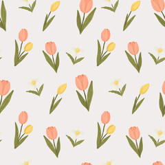 Tulips and white daisies seamless pattern, spring floral background, garden blossoms, hand drawn vector illustration