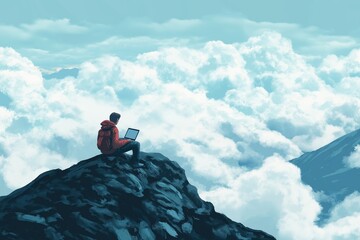Man with laptop and backpack working remotely on mountain peak. Digital nomad concept with view above clouds