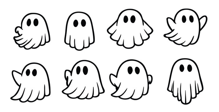 Eight cartoon ghosts with black eyes and wavy outlines character illustration