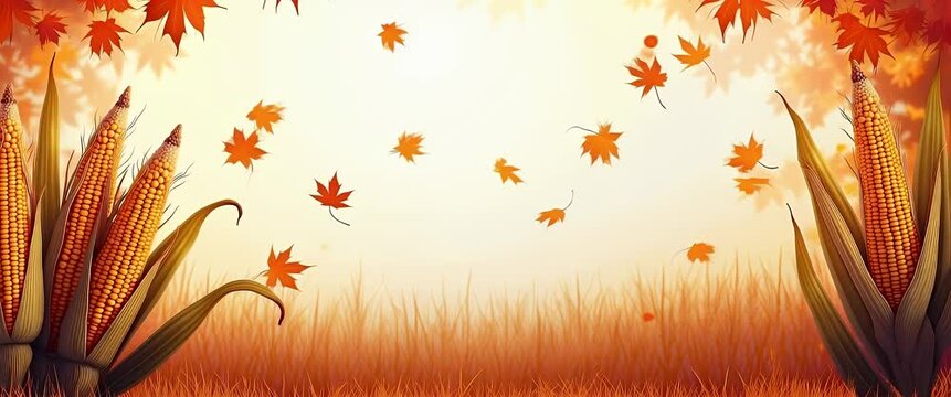 Autumn cornfield scene with gently swaying cornstalks and falling leaves, enhanced by a slow cinematic pan, capturing vibrant fall colors and serene rural landscape ambiance.