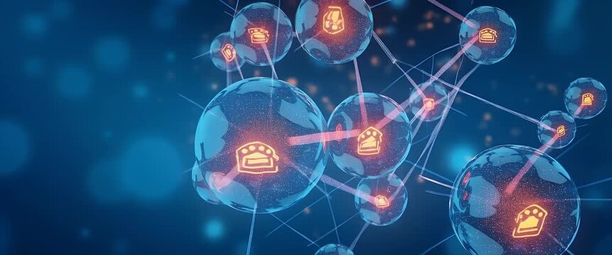 Futuristic molecular network with digital icons gently rotating, camera slowly panning across glowing blue background, creating a cinematic and technology-focused visual narrative.