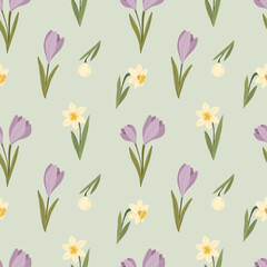 Crocus and narcissus flowers seamless pattern, spring floral background with purple and yellow blossoms, hand drawn vector illustration