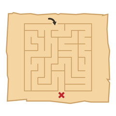 Treasure map labyrinth with simple maze puzzle. Vector treasure map illustration for children's educational worksheets, pirate themed party games