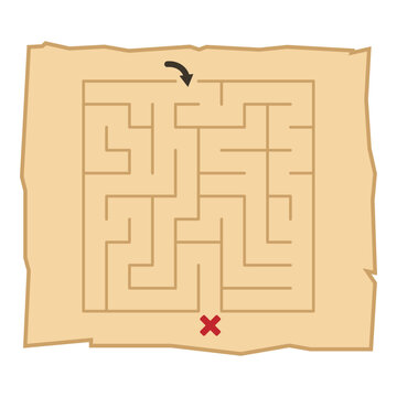 Treasure map labyrinth with simple maze puzzle. Vector treasure map illustration for children's educational worksheets, pirate themed party games
