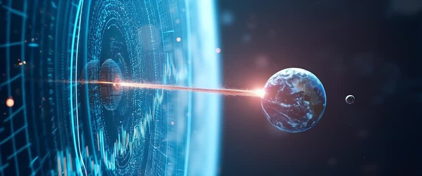 Earth orbits amidst glowing data streams with a dynamic camera pan, as digital elements pulse in a futuristic, cinematic style, ideal for technology and space-themed projects.