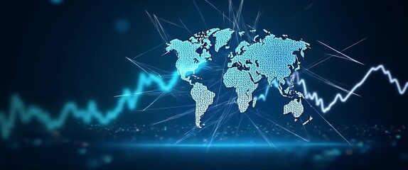 Cinematic animation of a dynamic world map with glowing data lines, gently pulsating lights, and a smooth camera pan, ideal for financial technology and global business themes. - Powered by Adobe