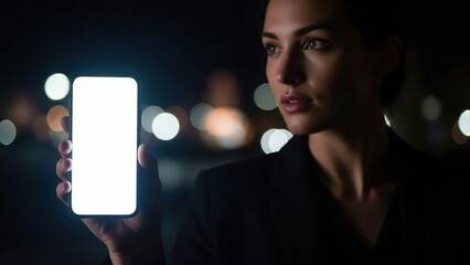 Elegant woman holding a glowing smartphone in the dark, displaying a white screen with blurred city lights in the background