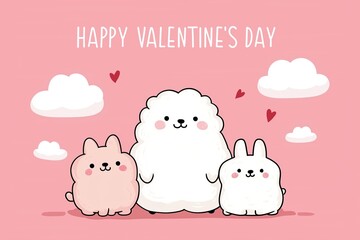 Cute illustration of two bunnies and fluffy dog on pink background with hearts. Happy Valentine's Day greeting card