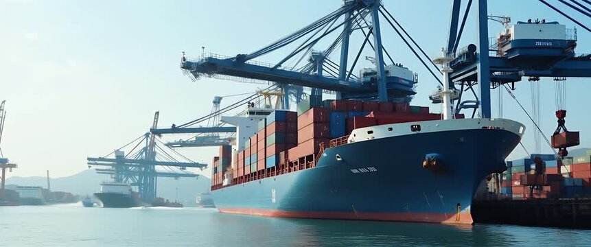 Container ships glide across a bustling harbor as cranes unload cargo, with the camera slowly panning in a cinematic style, highlighting global shipping and maritime trade dynamics.