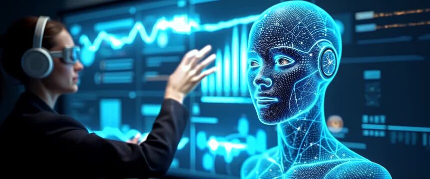 Innovative professional interacts with digital AI interface, hand gestures animate, camera slowly pans, holographic data displays light up dynamically, cinematic and futuristic ambiance.
