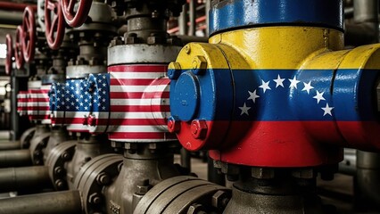 Industrial Pipes with USA and Venezuela Flag Designs Representing Geopolitical Relations