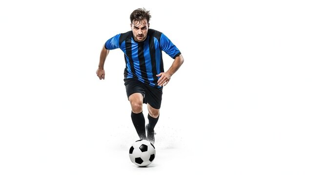 Dynamic male soccer player in action, dribbling a ball on a white background - Powered by Adobe