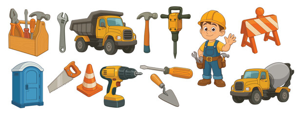 cartoon construction worker with his tools and machines © Imms