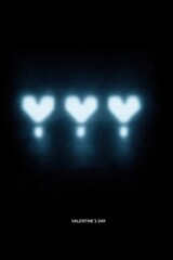 Three glowing blue pixel hearts on a dark background. Concept for Valentine's Day, digital love, video game life, and romance