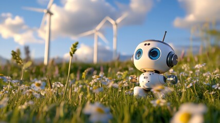 Small autonomous robot navigating a green field collecting real-time biodiversity data with wildflowers and wind turbines