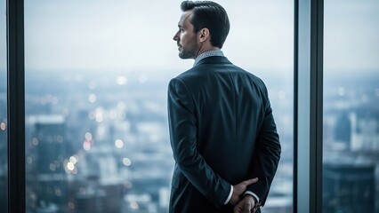 Thoughtful businessman gazing out of a high-rise window, contemplating future decisions in a corporate environment