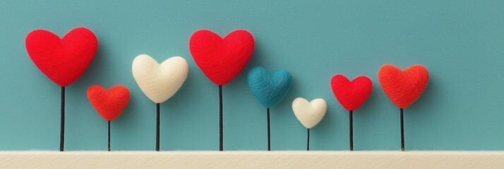 A row of colorful felt hearts in red, white, and blue on sticks. Valentine's Day, love, and romance concept against a solid light blue background
