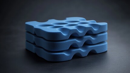 Abstract composition of interlocking blue foam inserts stacked in a geometric pattern