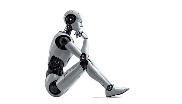 A futuristic robot sits in a contemplative pose on a transparent background