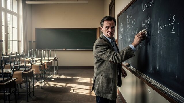 Frustrated Teacher Erasing Math Equations from Blackboard in Empty Classroom