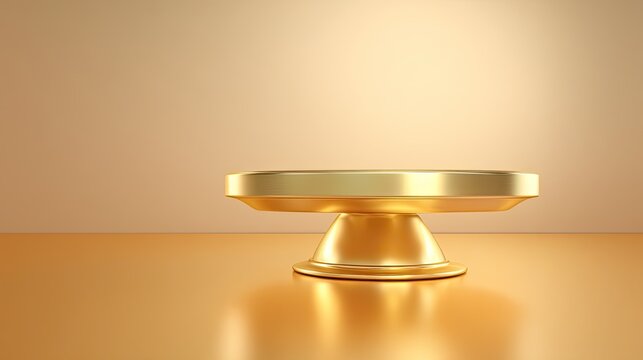 Elegant and Shiny Golden Cake Stand on a Smooth Surface with Warm Lighting for Product Display and Culinary Presentation