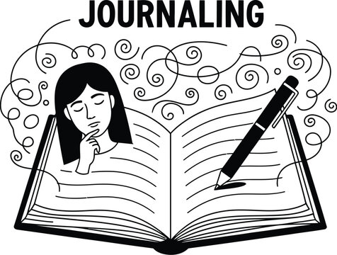 Woman journaling with contemplative expression surrounded by swirling thoughts and a giant pen