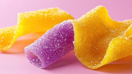 Brightly colored gummy candy pieces with sugar coating are artfully arranged against a pink background