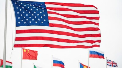 Fototapeta premium The American Flag Waving Proudly Among International Flags