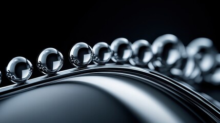 Array of perfectly polished metallic spheres on a curved reflective surface with dark background